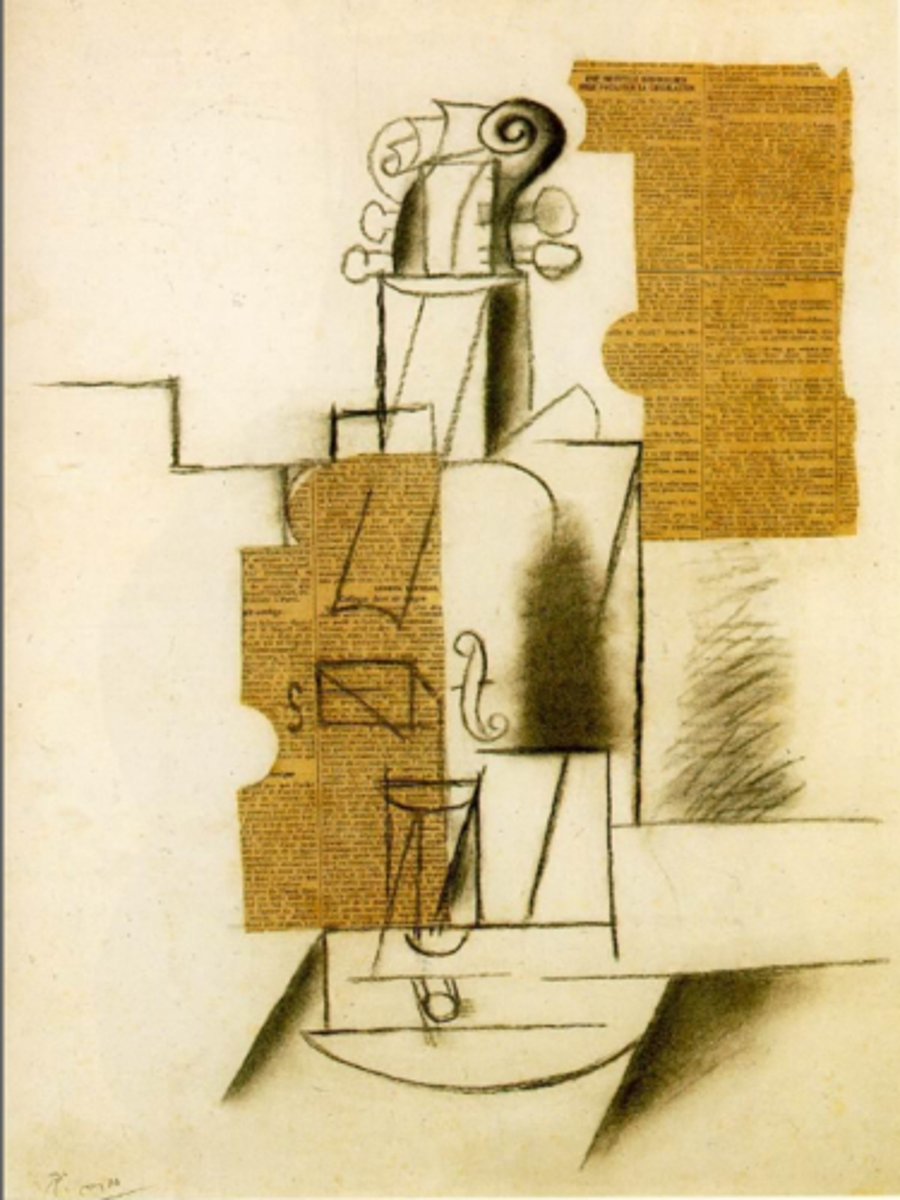 <p>papier colle, kubistyczny kolaż, odkrycie możliwości kolażu = kryzys reprezentacji, I wojna światowa</p>