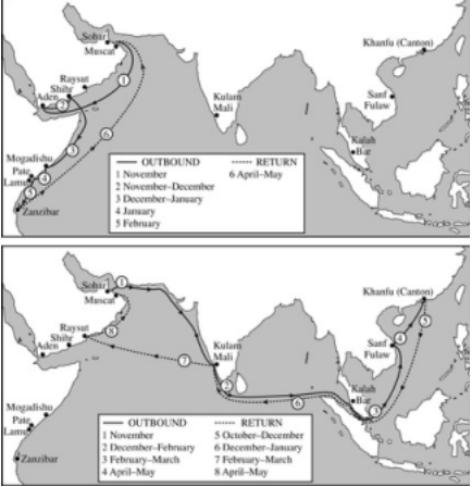 <p>TYPICAL SAILING ROUTES AND SCHEDULES OF OMANI MERCHANTS TRAVELING TO EAST AFRICA AND CHINA FROM MUSCAT, CIRCA 1400 C.E.&nbsp;</p><p><strong>Based on the maps and your knowledge of world history, which of the following best describes the effect of the spread of Islam on Indian Ocean trade?&nbsp;</strong></p><p>(A) It led to the expansion and intensification of commerce along already existing trade routes.&nbsp;</p><p>(B) It led to the disappearance of previously established trade networks.&nbsp;</p><p>(C) It led to an expansion of land-based caravan trade but also to a decline of maritime trade.&nbsp;</p><p>(D) It led to the first creation of trade links between previously isolated world regions.&nbsp;</p>