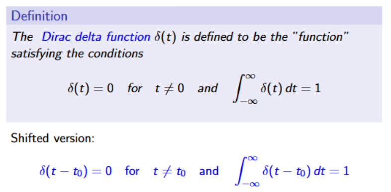 <p>If nice f(t) then the integral(<span><span>δ(t-t</span><sub><span>0</span></sub><span>)f(t)dt = f(t</span><sub><span>0</span></sub><span>)</span></span></p>
