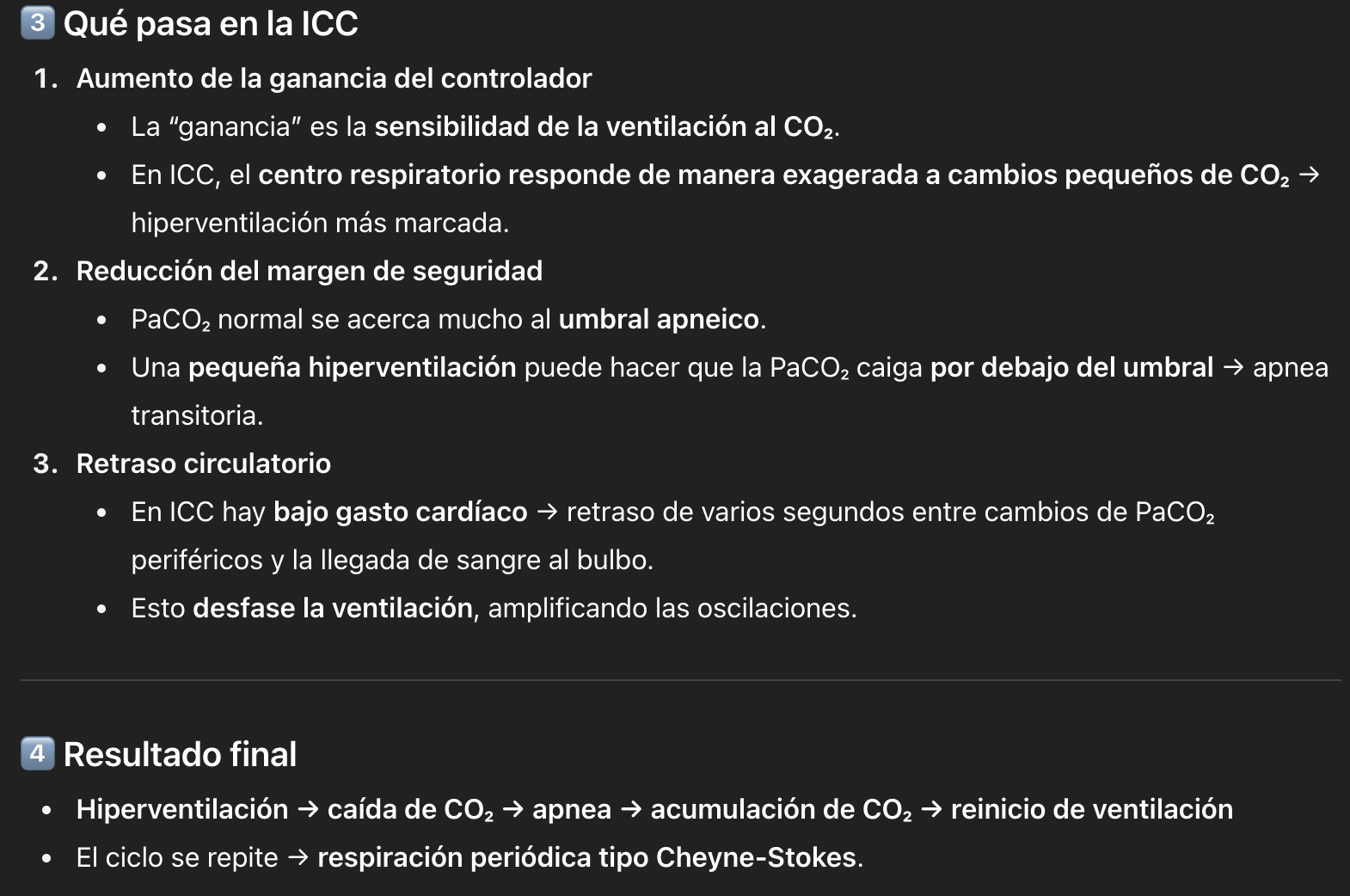 <p>Un <strong>aumento de la ganancia del controlador</strong> (respuesta ventilatoria exagerada al CO₂), que reduce el "margen de seguridad" (reserva de CO₂) antes de la apnea.</p>