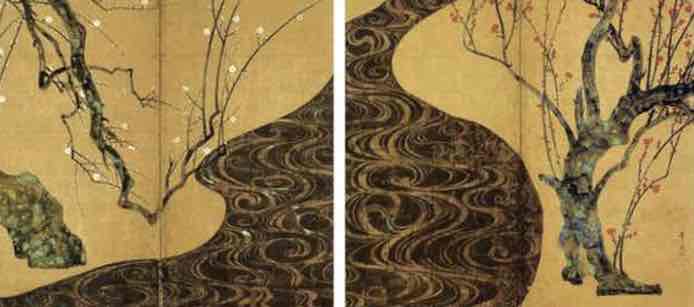 <p>ogata korin, c 1710-1716 CE, ink, watercolor, gold leaf, on paper</p>