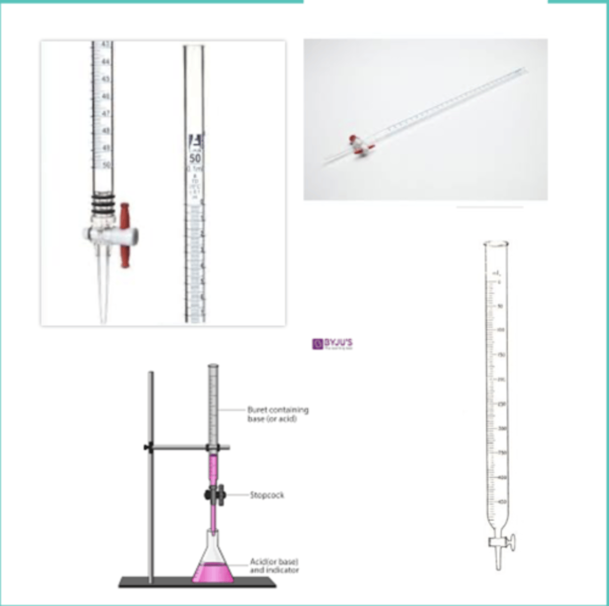 <p>oLaboratory apparatus used in quantitative chemical analysis used in the measurement of variable quantities</p><p>oClosed at the bottom by a glass or Teflon stopcock to control the outflow of liquid</p><p>- horizontal: closed</p><p>- vertical: open</p><p>- use iron stand in even surface and burette clamp firmly attached</p><p>- graduations: top (0 ml) to tip (bottom)</p>