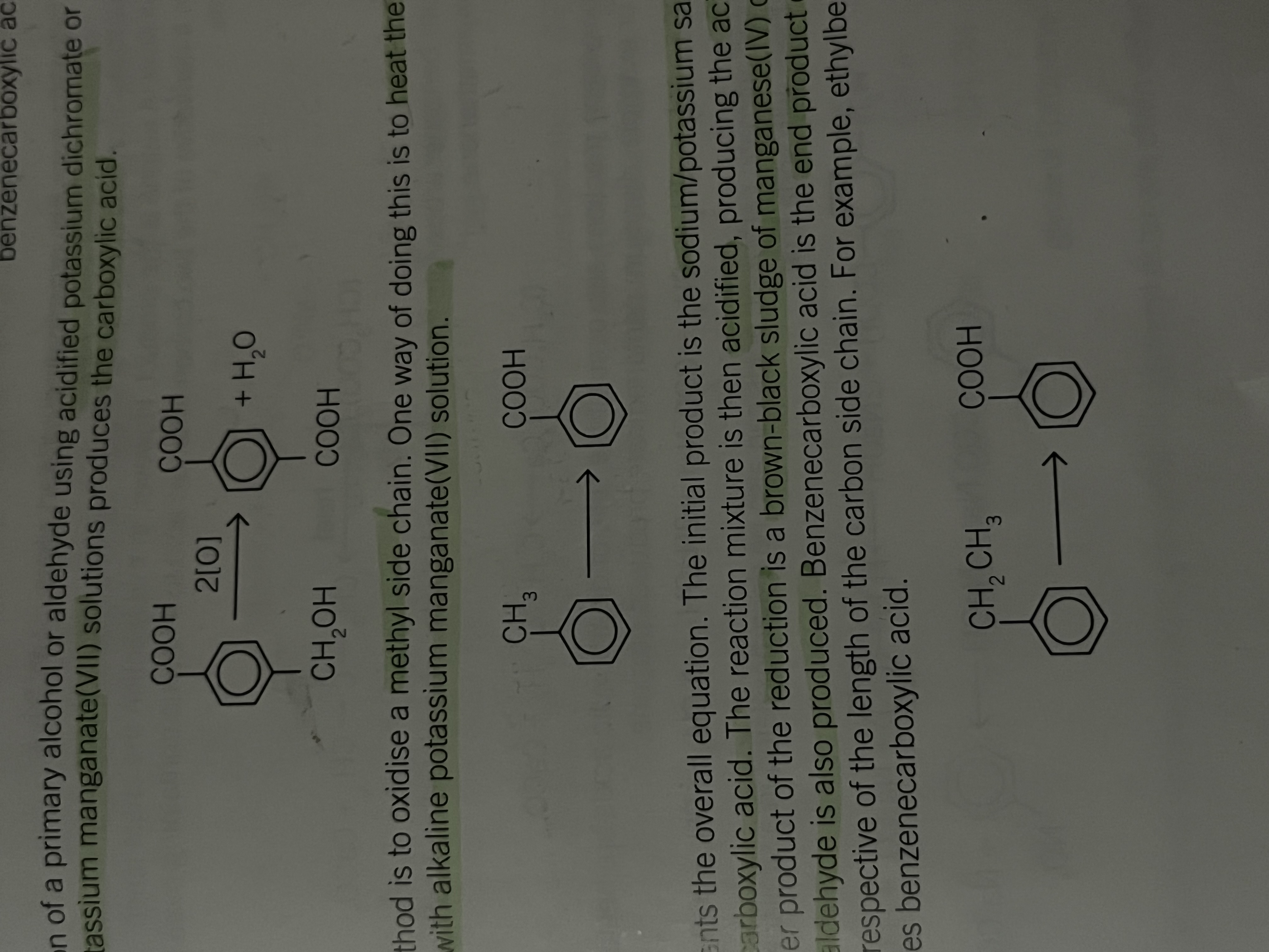 <p>Carboxylic acid group is directly bonded to the benzene ring</p><p>can be oxidized with acidified potassium dichromate or manganate to produce a carboxylic acid and water</p>