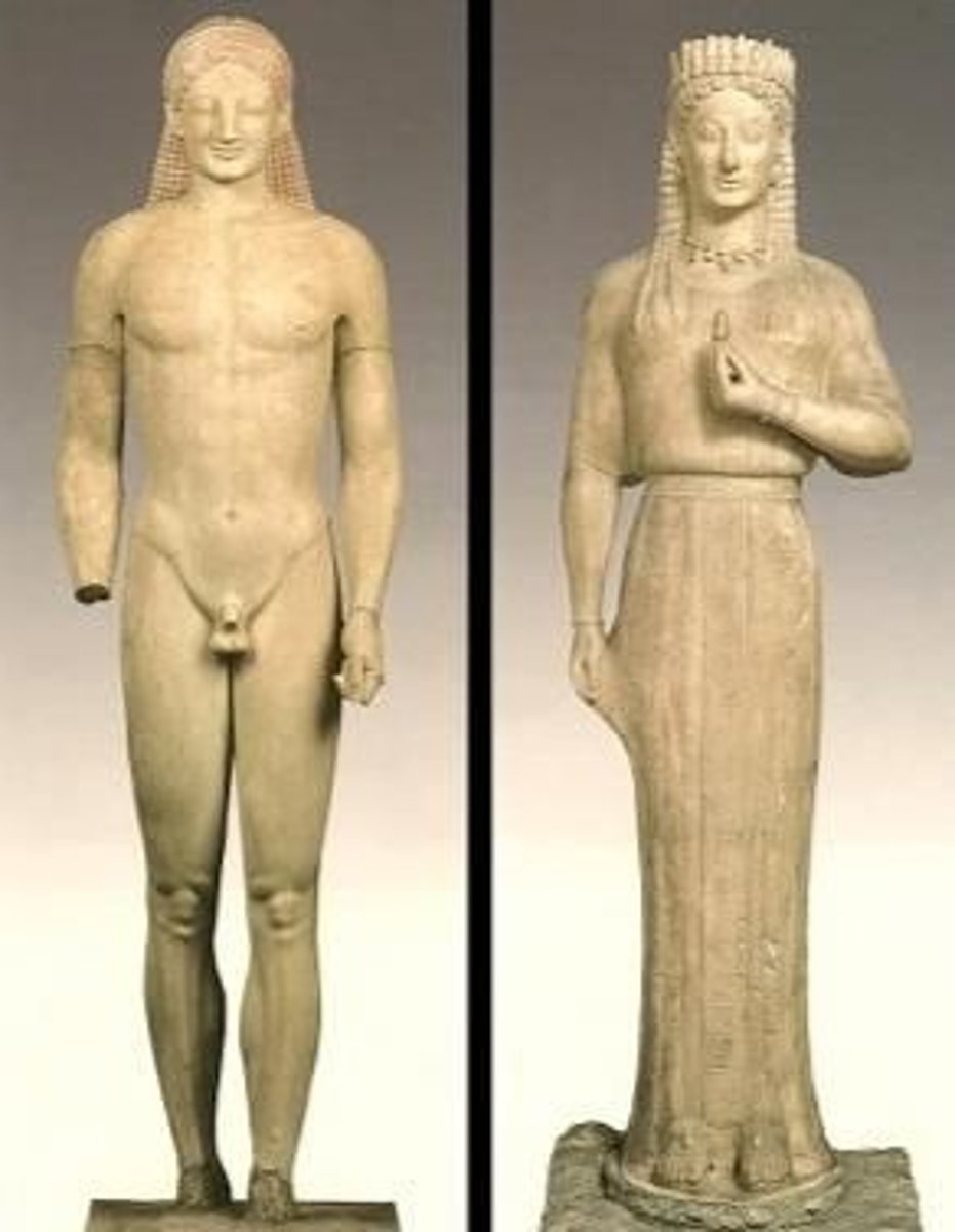 <p>an archaic Greek sculpture of a (frontal) standing youth</p>