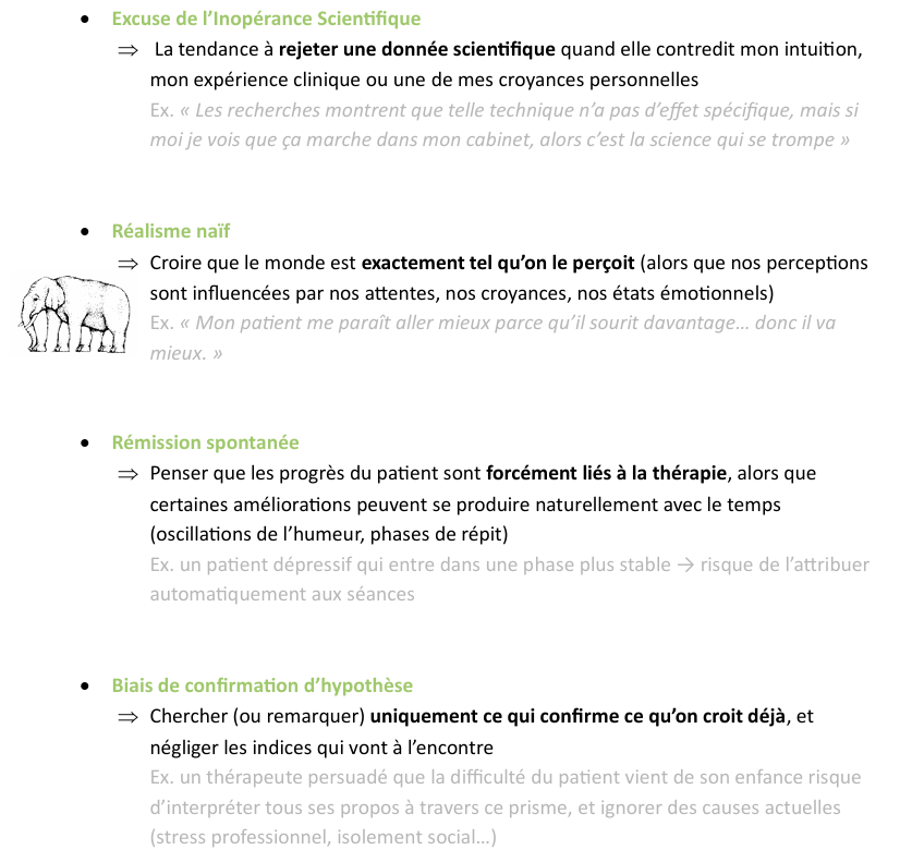 <p>Car notre jugement clinique est sujet à de très nombreux biais</p><p></p><ul><li><p>Excuse de l’Inopérance Scientifique</p></li><li><p>Réalisme naïf</p></li><li><p>Rémission spontanée</p></li><li><p>Biais de confirmation d’hypothèse</p></li></ul><p></p>