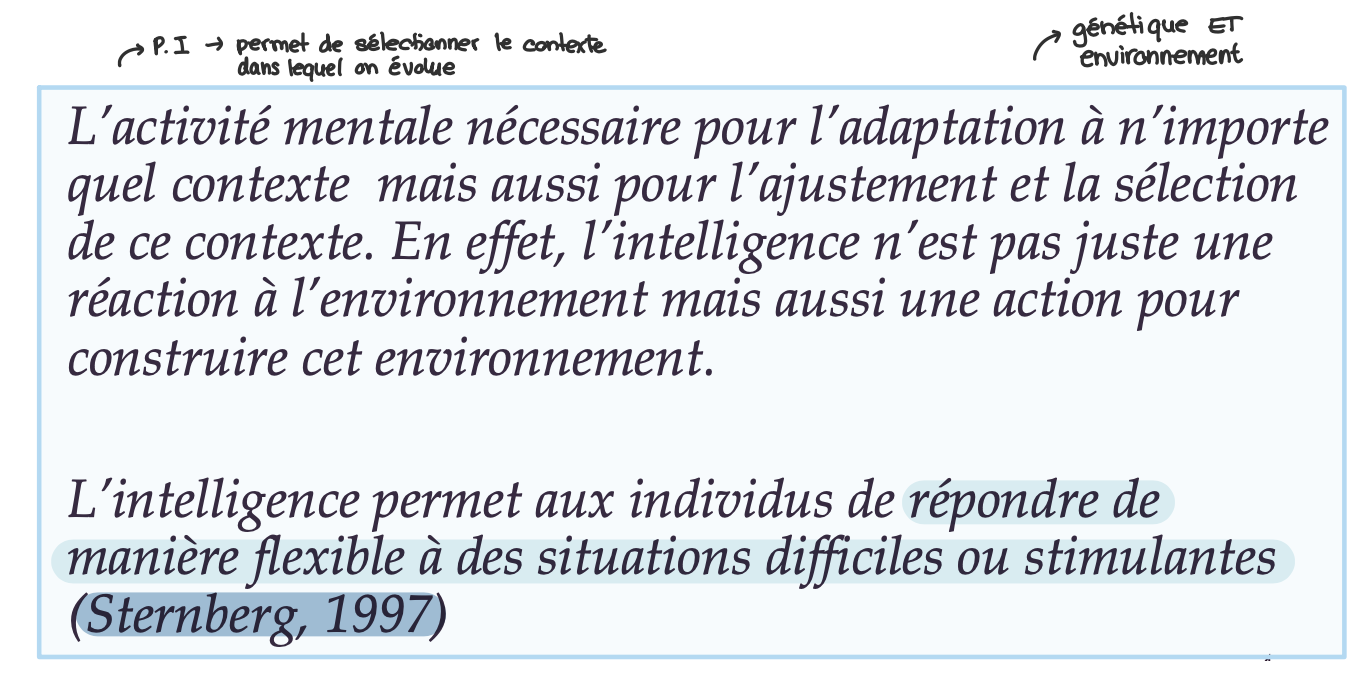 <p>→ c<span>apacité à apprendre et à comprendre les choses et à gérer de nouvelles situations ou des situations complexes </span></p><p><span>    → adaptation ⇒ intelligence </span></p><ul><li><p>mesurable </p></li><li><p>stable à travers le temps </p><p>→ forte corrélation à 11 ans et 79 ans </p></li><li><p>en partie génétique </p><p>→ corrélation plus importante chez monozygotes que dizygotes </p></li><li><p>en partie du à l’environnement </p><p>→ plus forte corrélation chez monozygotes élevés ensemble </p><p>→ effets bénéfiques d’un milieu socio-culturel élevé </p></li><li><p>les enfants qui ont des scores importants sur des échelles d’intelligence </p><ul><li><p>réussissent mieux à l’école et à l’université </p></li><li><p>acquièrent des compétences nouvelles plus facilement </p></li><li><p>s’ajustent mieux socialement </p><p>→ plus grande intelligence sociale </p></li><li><p>ont des salaires plus élevés à l’âge adulte </p></li><li><p>ont des positions sociales plus élevées </p></li><li><p>vivent plus longtemps </p></li></ul></li></ul><p>→ penser ou agir avec un but déterminé de manière adaptative</p><ul><li><p>prise de décision </p></li><li><p>arriver à quelque chose de “précis”</p></li></ul><p></p>