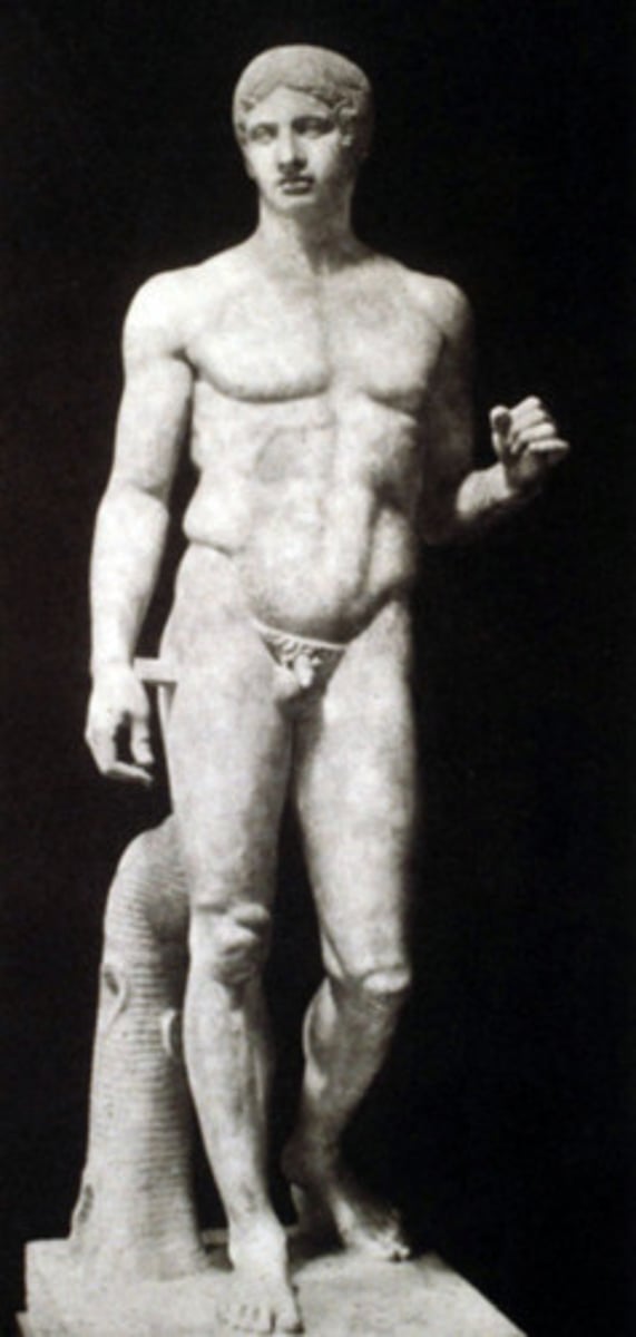<p>Name: Polykleitos, Spear Bearer (Doryphoros)</p><p>Time Period: 450-440 BCE</p><p>Medium: ORIGINALLY BRONZE. The figure shown is a ROMAN COPY in MARBLE</p>
