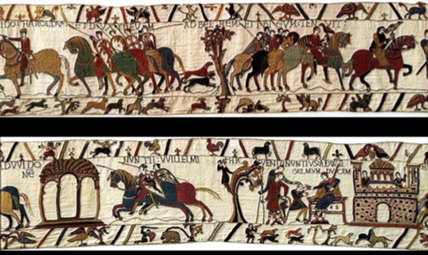 <p>Romanesque Europe (English or Norman). 1066-1080 CE. Embroidery on linen.<br><br>Tells the story of William the Conqueror and the Battle of Hastings in 1066. Considered the most accurate portrayal of medieval warfare, clothing, and customs.</p>
