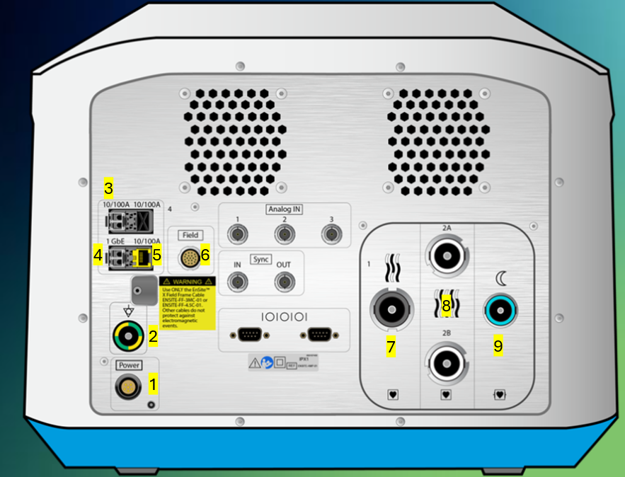 <ol><li><p>Power cable</p></li><li><p>Grounding cable</p></li><li><p>LC Fiber optic connection for Amplifier to back of Ampere RF Generator as Dual Fiber Optic connection - RF metrics (temp, power, impedance, current, energy) and AutoMarks</p></li><li><p>LC Fiber optic connection to DWS - all data</p></li><li><p>Ethernet connection to back of TactiSys - communicates contact force</p></li><li><p>Field frame connection</p></li><li><p>EGM output channels 1-56 (or 52 for third party since 53-56 have different pin out), direct connect to Claris or 56 pin-out to 3rd party recording system</p></li><li><p>EGM output channels 57-120, direct connect to Claris or 64 pin-out to 3rd party recording system</p></li><li><p>ECG output channels to recording system, direct connect to Claris our 12-lead ECG output module box to 3rd party recording system</p></li></ol><p></p>