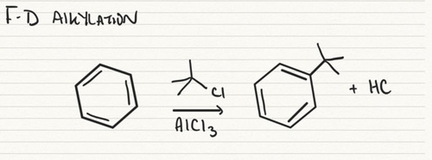 <p>R-X (Cl, Br, etc.), adds R group and removes the X. Occurs w/ AlCl3</p>