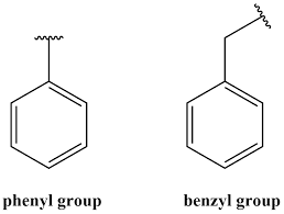 <p>carbon chain bonded to ring of 6 Cs and 5 Hs</p><p>R-C<sub>6</sub>H<sub>5</sub></p>