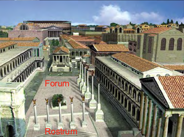 <p>Forum Romanum and the first imperial <em>fora</em> (plural of <em>forum)</em>: each emperor built his own, successive forum and the group of buildings around it: a basilica, a temple, a memorial statue, and usual markets</p>
