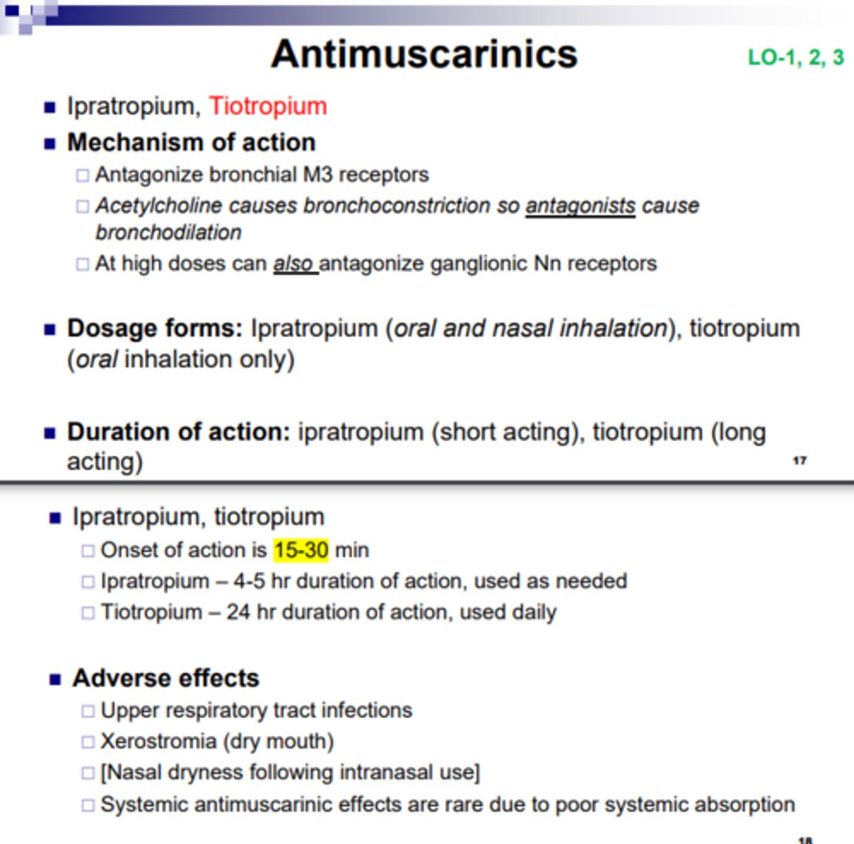 <p>It binds to M3 receptors to prevent acetylcholine binding to M3 receptors on glandular cells. This decreases muscle contraction. It also blocks parasympathetic stimulation of secretion</p><p>It only has a transient effect on M2 receptors so it maintains an element of Ach negative feedback</p>