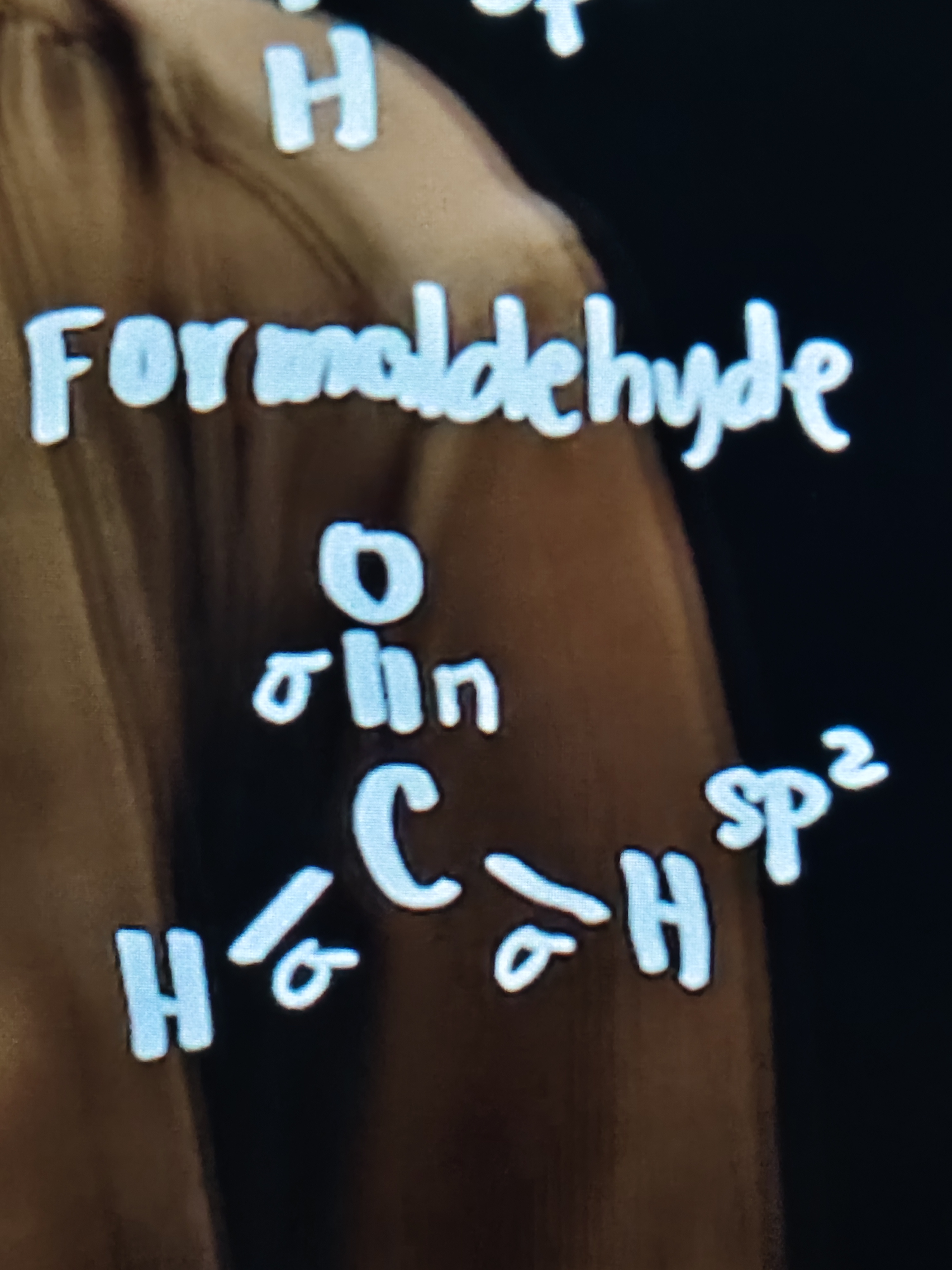 <ul><li><p>2 single bonds and 1 double bond</p></li><li><p>3 sigma bond and 1 pi bond</p></li><li><p>So the hybridization is sp²</p></li></ul>