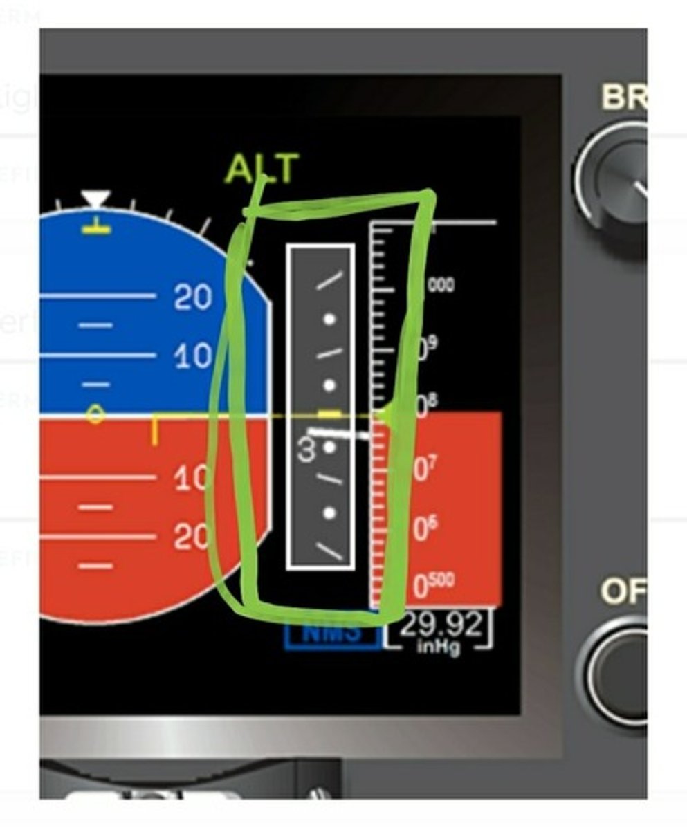 <p>Airplane's rate of climb or descent.</p><p>It begins to operate whenever the climb or descent rate exceeds 100 feet per minutes.</p><p>Major, numbered tick marks represent 1,000-foot increments</p><p>Minor, unnumbered tick marks represent 500-foot increments</p>