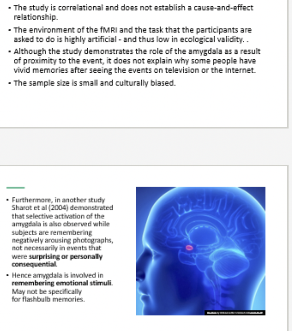 <p>the study is correlational so no cause and effect.<br>fMRI highly artifical and thus low ecological validity<br></p>