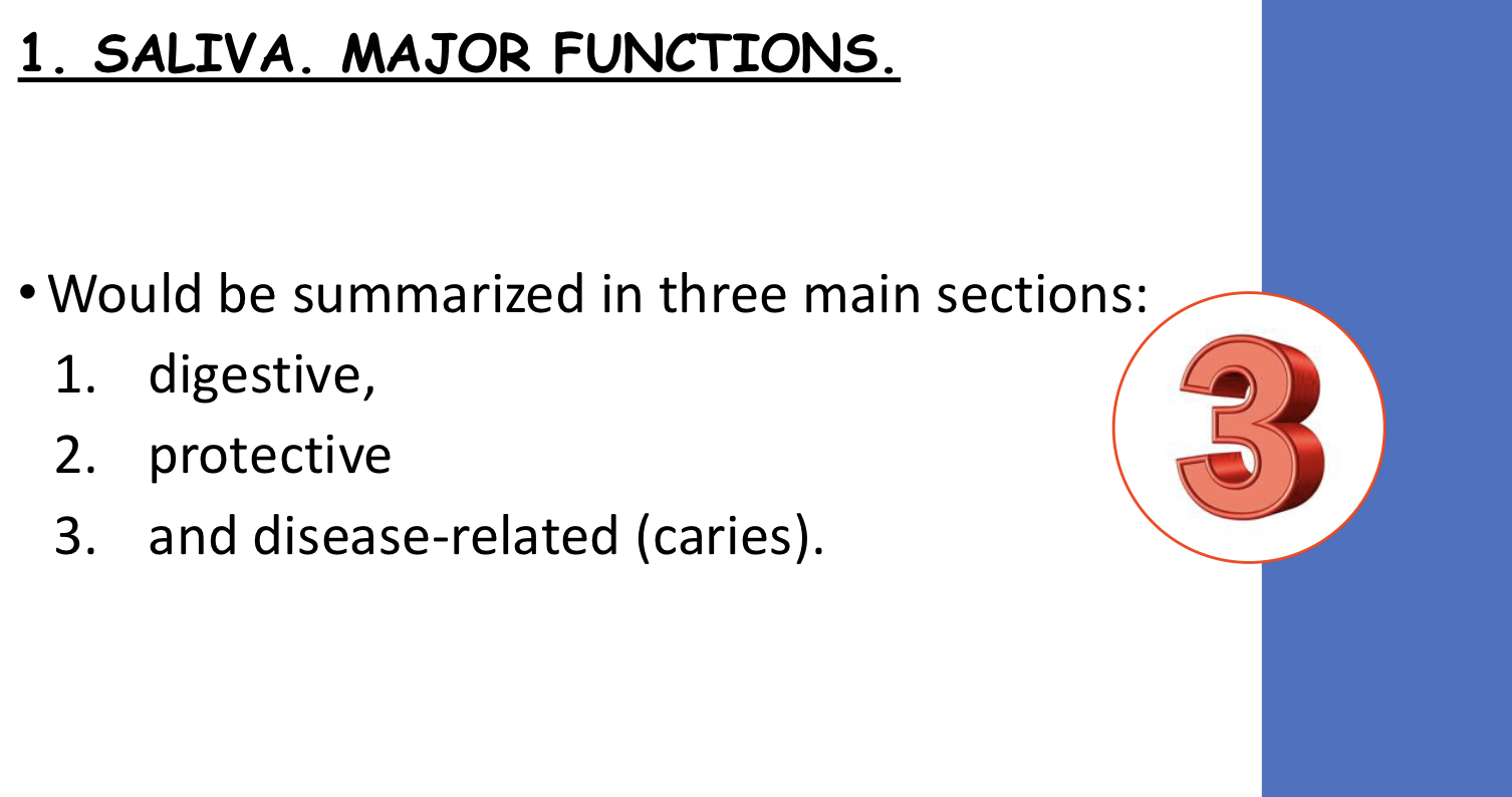 <p><span style="font-size: calc(var(--scale-factor)*24.05px);"><span>1. Mucus ➔ serves as a lubricant and protection for oral structures.</span></span><span><span><br></span></span><span style="font-size: calc(var(--scale-factor)*24.05px);"><span>2. Amylase ➔ initiates the digestion of starch.</span></span><span><span><br></span></span><span style="font-size: calc(var(--scale-factor)*24.05px);"><span>3. Lingual lipase ➔ begins digestion of fat.</span></span><span><span><br></span></span><span style="font-size: calc(var(--scale-factor)*24.05px);"><span>4. Proteins and enzymes: statherins, proline-rich proteins, histatins, lysozymes, salivary</span></span><span><span><br></span></span><span style="font-size: calc(var(--scale-factor)*24.02px);"><span>peroxidase, immunoglobulins, amylase, glucosidase, peptidase, glycoproteins: mucins,</span></span><span><span><br></span></span><span style="font-size: calc(var(--scale-factor)*24.05px);"><span>carbonic anhydrase, secretory IgA, kallikrein, lactoferrin, fibronectin.</span></span><span><span><br></span></span><span style="font-size: calc(var(--scale-factor)*24.02px);"><span>• Antimicrobial action</span></span><span><span><br></span></span><span style="font-size: calc(var(--scale-factor)*24.02px);"><span>• Lubrication</span></span><span><span><br></span></span><span style="font-size: calc(var(--scale-factor)*24.05px);"><span>• Buffer capacity and remineralization</span></span><span><span><br></span></span><span style="font-size: calc(var(--scale-factor)*24.05px);"><span>5. Glucose</span></span><span><span><br></span></span><span style="font-size: calc(var(--scale-factor)*24.05px);"><span>6. Lipids</span></span></p><p><span style="font-size: calc(var(--scale-factor)*24.05px);"><span>Also rich with heterogenous proteins.</span></span></p>