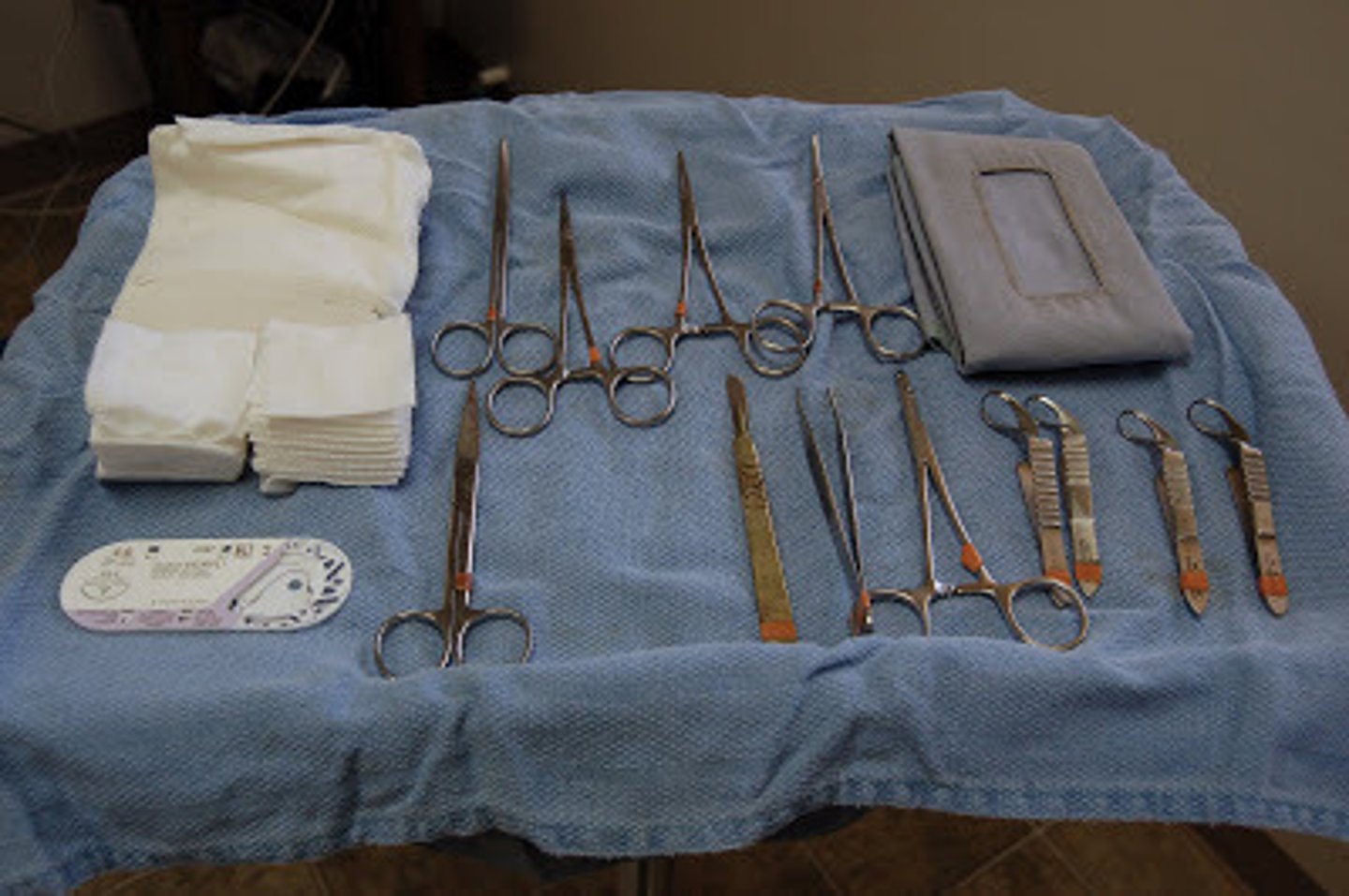 <p>sterile instruments prepared for a surgery procedure</p>
