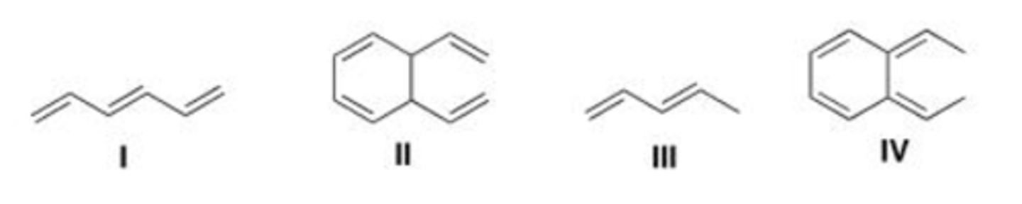 <p>Which of the following compound absorbs UV light at the longest wavelength?</p><p>A. I</p><p>B. II</p><p>C. III</p><p>D. IV</p>
