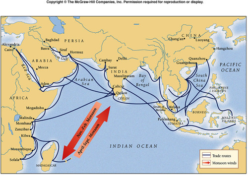 In premodern times, a network of seaports, trade routes, and maritime culture linking countries on the rim of the Indian Ocean from Africa to Indonesia. (p. 207)