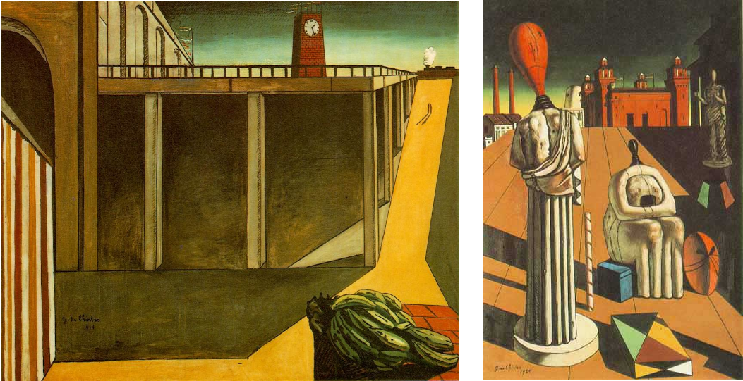 <ul><li><p><span>eerie mood and strange artificiality of the cityscapes</span></p></li><li><p><em>Gare Montparnasse (The Melancholy of Departure); </em></p></li><li><p><em>The Disquieting Muses</em></p></li></ul><p></p>
