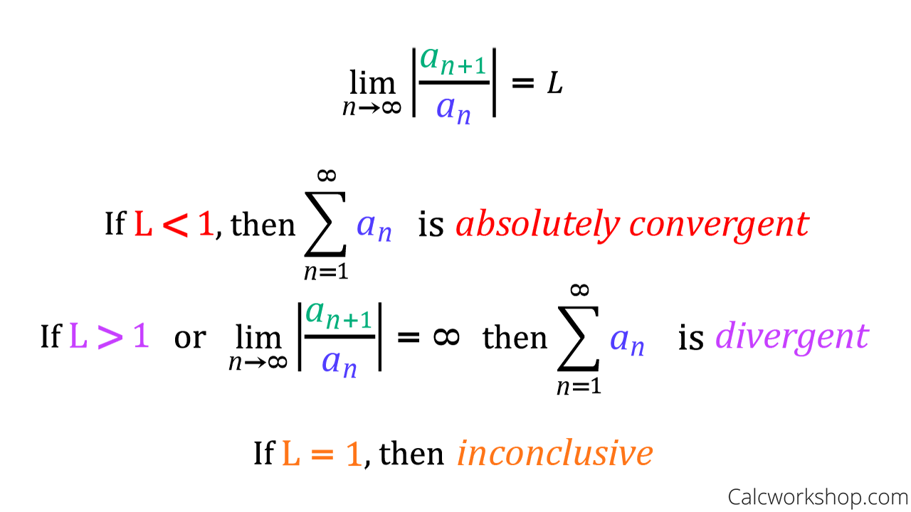 <p>Use ratio test to find interval and radius of convergence of a power series. If L is greater than 1, series is divergent. If L is less than 1, the series is absolutely convergent. If L = 1, the test is inconclusive. Test endpoints by plugging in values for x and seeing if it converges and diverges (need to conduct another series test to do this). </p>