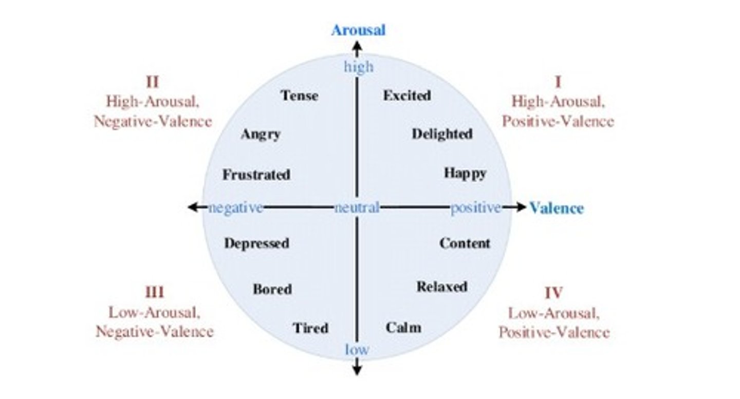 <p>Simplified way to describe emotions. Arousal is its connection to sympathetic nervous system. Valence is positive emotion versus negative emotion.</p>