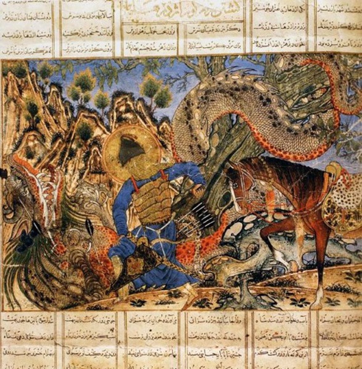 <p>1310-1340, Persia? Ink, watercolor, gold, silver on paper<br>Persian manuscripts were influenced and highly resemble Chinese paintings, brought by Mongols in the 1200s.<br>Depicts Bahram Gur fighting a horned wolf (Karg), from a Shahnameh manuscript (just like the other one)<br>Warrior on horseback is relatable for the nomadic mongols.<br>The DIDACTIC narrative teaches kings to be brave.<br>Hierarchy of scale: Large, also in a victory pose.<br>Allegorical: order over chaos.<br>Influence from other cultures:<br>King wearing a crown, halo, and European fabrics is christian European influence.<br>Chinese painting influence seen in the background, and overlapping planes with atmospheric perspective.</p>