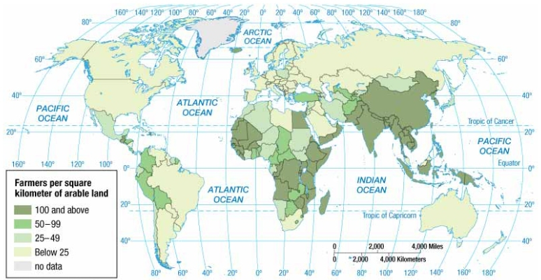 <p>Ratio of the number of farmers to amount of arable land</p><ul><li><p>Population of farmers / arable land area</p></li></ul><p></p>