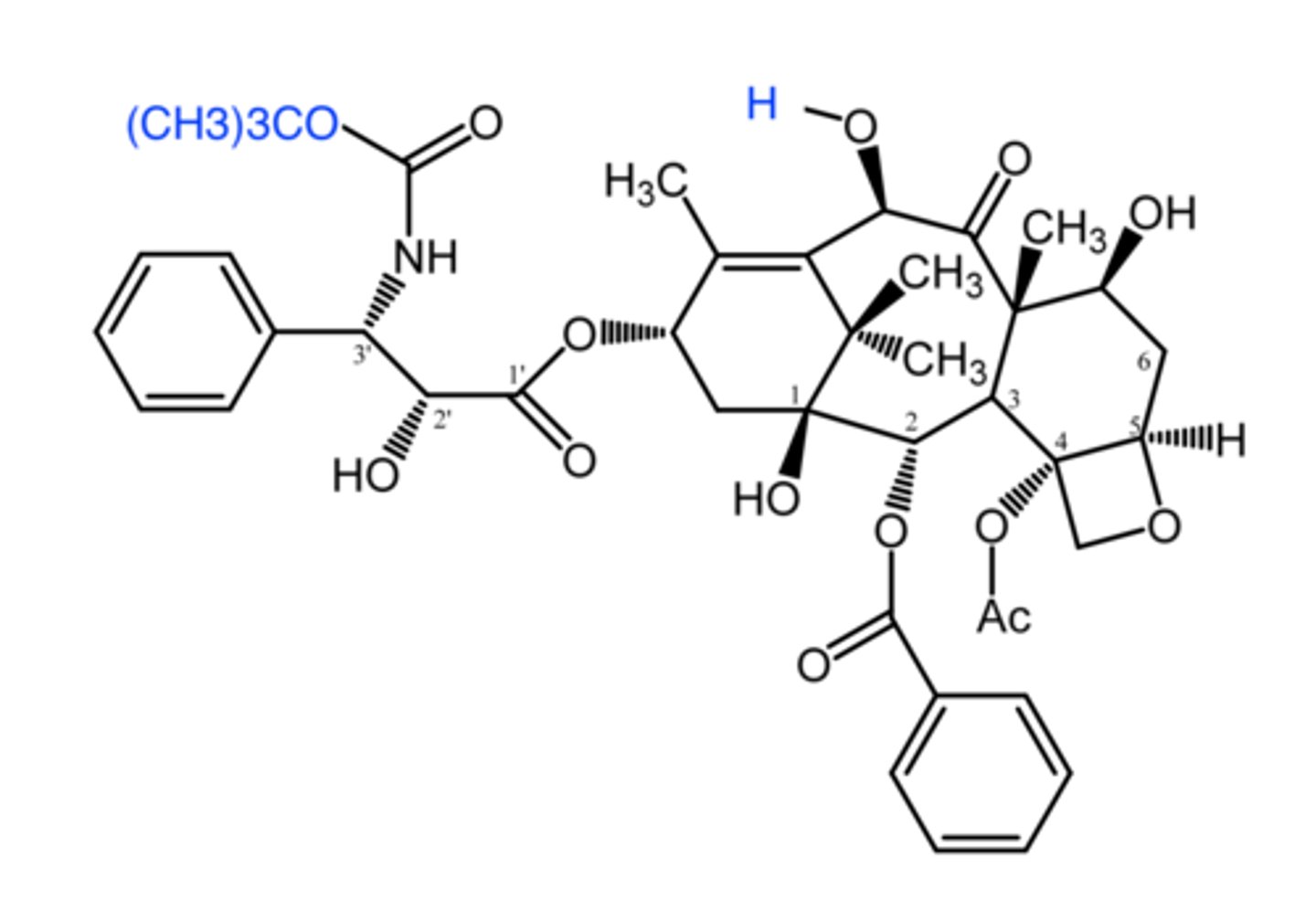 <p>(taxane -- mitosis inhibitor)</p><p>ROA: IV</p><p>- slightly better solubility due to C10-OH group </p><p>MOA: binds polymerized b-tubulin promoting stable tubulin conformation which leads to resistant microtubules + promotes elongation phase + inhibits disassembly of tubule into mitotic spindle</p><p>- resistance: efflux via Pgp</p><p>indication: NSCL, prostate, gastric, and head/neck cancer</p><p>ADME: extensive tissue bound, metabolized by CYP3A4</p>