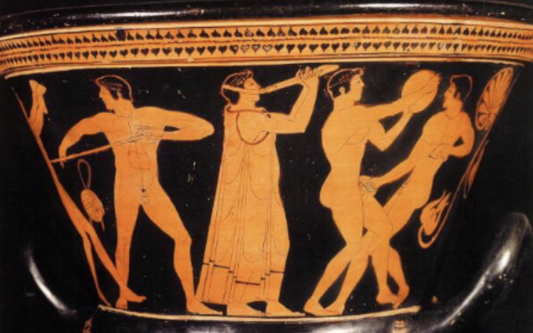 <p><span style="background-color: transparent;"><span>Someone singing while playing the kithora, a kind of competition we would see, Someone playing the auloss, of athletes from the pentantolon. The person who won the fluit com could play for the pythian athletes. Represents the pythian games </span></span></p>