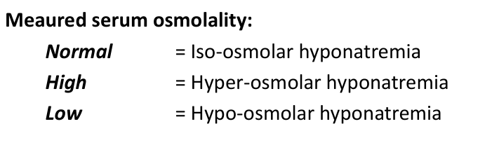 <p>-serum sodium is an excellent surrogate for serum osmolality, but not perfect</p><p>-normal serum osmolality = 290 ± 5 mOsm/kg</p>
