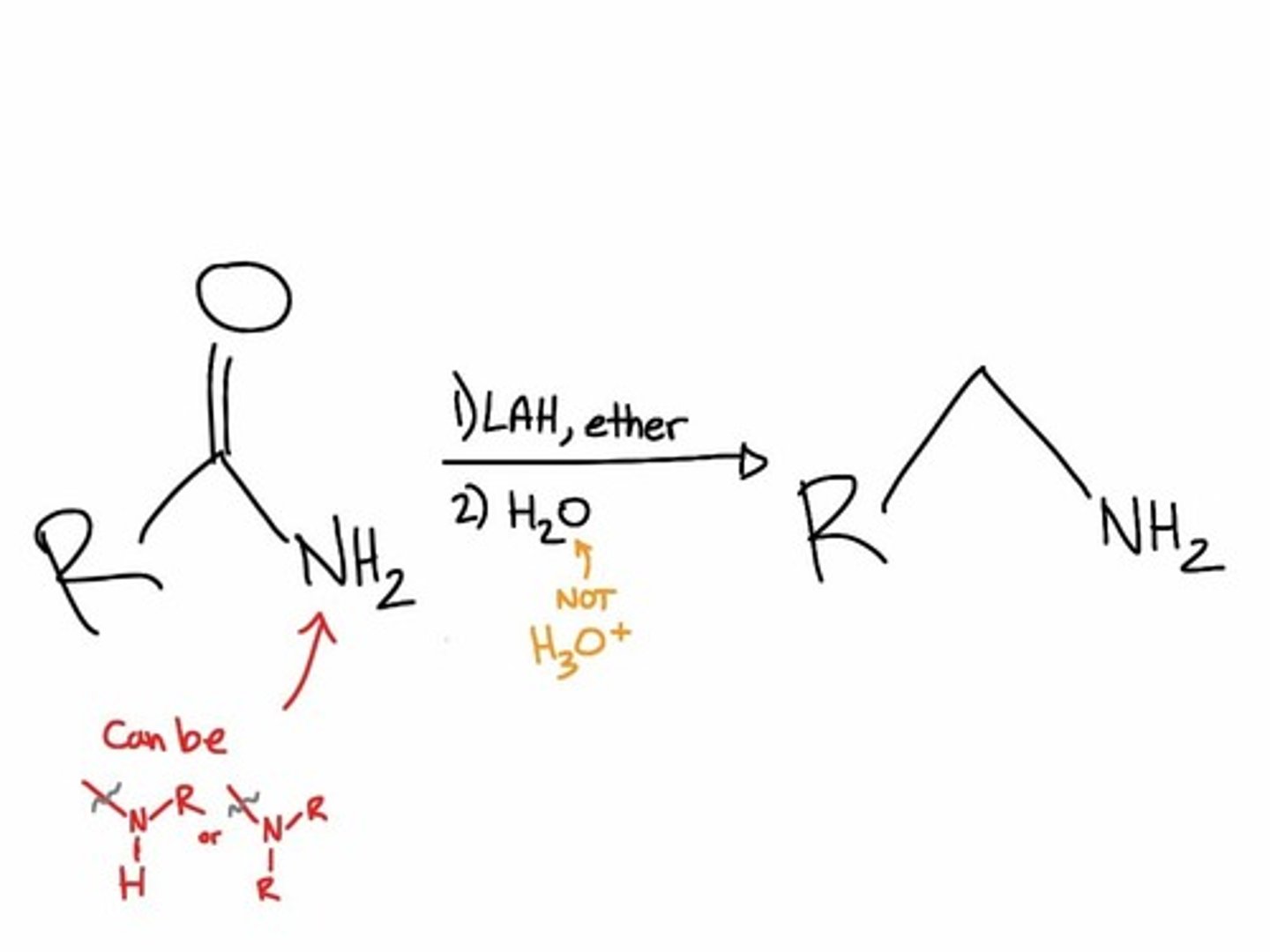 <p>only one that has a LiAlH4 /h20 reagent and doesnt reduce to alcohols, reduces to AMINES (no carbonyl group at allll)</p>
