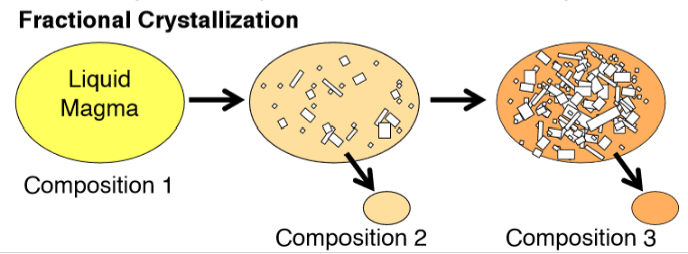 <ul><li><p>The crystallization and physical removal of different minerals occur as magma cools.</p></li></ul><p></p>