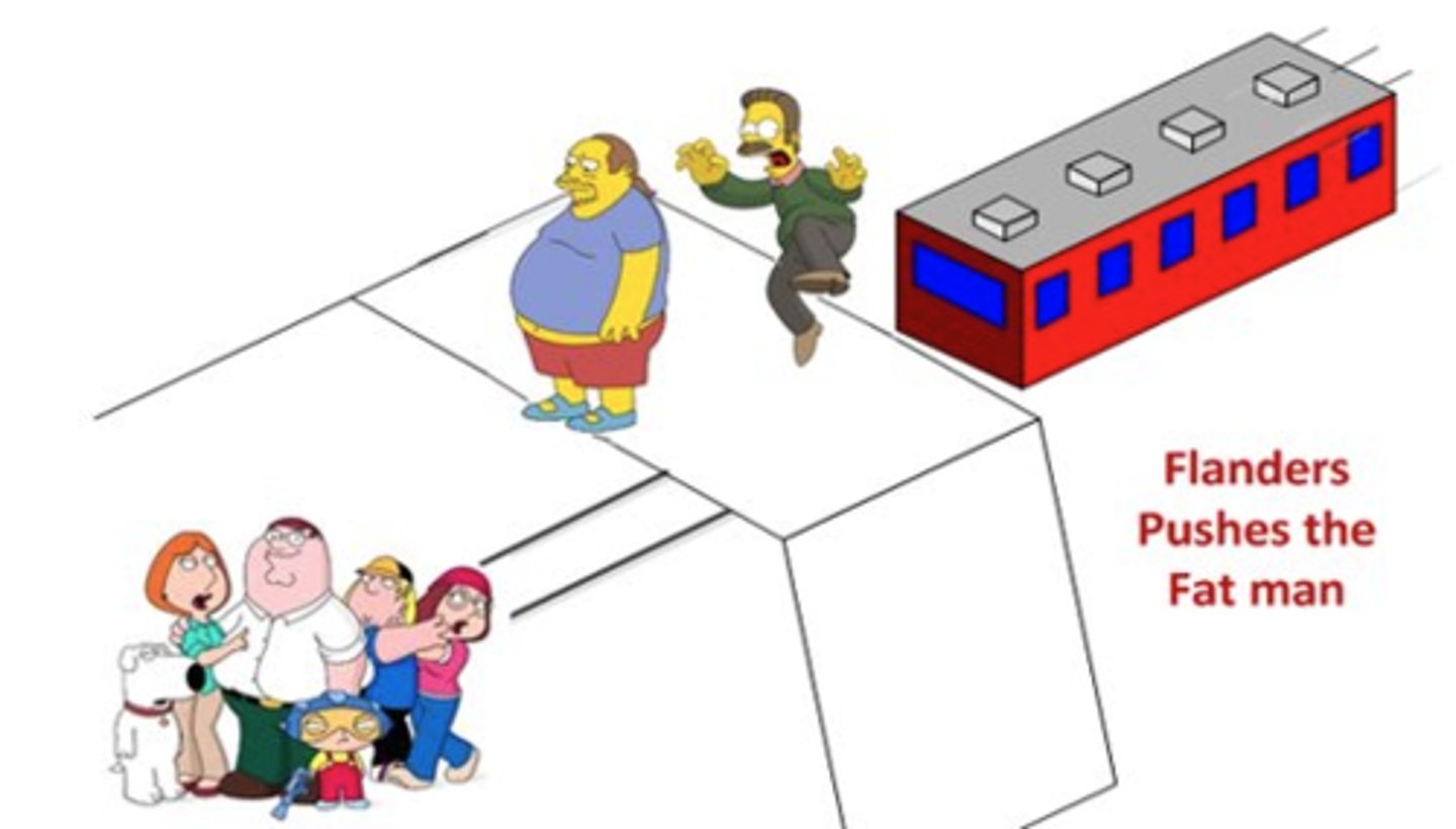 <p>Similar to the Trolley Problem, but instead of pulling a lever, you are asked whether it is morally permissible to push a large person off a bridge to stop a runaway trolley from hitting five people on the track below. The dilemma is whether to take direct action to save five lives at the cost of one.</p>