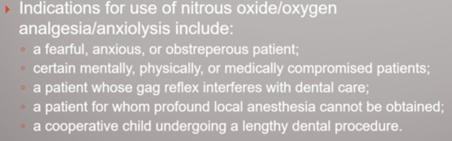 <p>• G) All of the above (anxious pt, child undergoing long dental procedure, certain special needs pts, gagger, pt who is unable to achieve profound LA)</p>