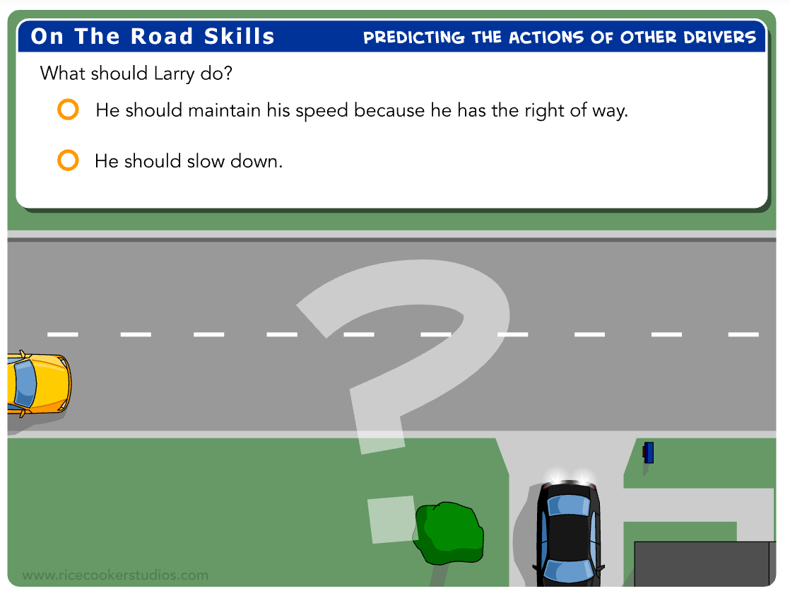 <p>Larry, the driver of the yellow car, is traveling the speed limit on the highway. He sees a black car that is about to back out of a driveway onto the road. </p><p><em>What should Larry do?</em></p>