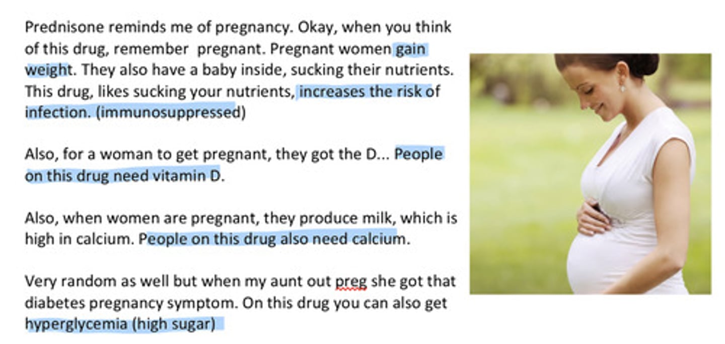 <p>MOA: reduce inflammation, which open more airways and reduce secretion </p><p>Indication: acute exacerbation of asthma, long term manage chronic asthma </p><p>Route of Admin: These are oral </p><p>Adverse: alot...</p><p>suppress adrenal function (so immune suppression), weight gain (fluid retention) , headache, hyperglycemia, bone &amp; muscle wasting, peptic ulcer disease, hypokalemia </p><p>TAPER THIS DRUG OFF &amp; NO NSAIDS </p>