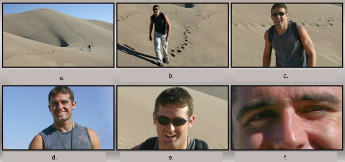 <p><strong><em>Camera Techniques</em></strong></p><ul><li><p><em>Give the Basic Camera Shots</em></p><p><strong>a. </strong>The subject appears to be far from the camera. Usually used outdoors, often to establish the setting of the following action.</p><p></p><p><strong>b. </strong>Shot in which the subject is seen in its entirety (head to toe), and much of its surroundings are visible.</p><p></p><p><strong>c. </strong>Shot in which the subject and the surroundings are given equal importance. Used to direct the viewer attention to a part of something or to show facial expressions in detail.</p><p></p><p><strong>d. </strong>Subject fills most of the frame, though not as much as in a close-up. Used to direct the viewer's attention to a part of something or to show facial expressions in detail.</p><p></p><p><strong>e. </strong>Used to direct viewers’ attention to texture or a detail or, probably most often, the expressions on a person’s face.</p><p></p><p><strong>f. </strong>If the subject is someone’s face, only part of it is visible.</p></li></ul>