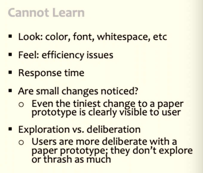 <ul><li><p>look</p></li><li><p>feel</p></li><li><p>response time</p></li><li><p>are small changes noticed?</p></li><li><p>exploration vs deliberation</p></li></ul><p></p>