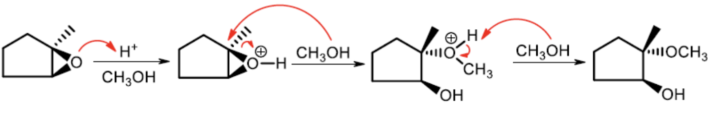 <p>More substituted carbon, will do SN2 to break open the ring by using an acid to protenate the oxygen under acidic conditions. Order to go by: 3˚>1˚>2˚</p>