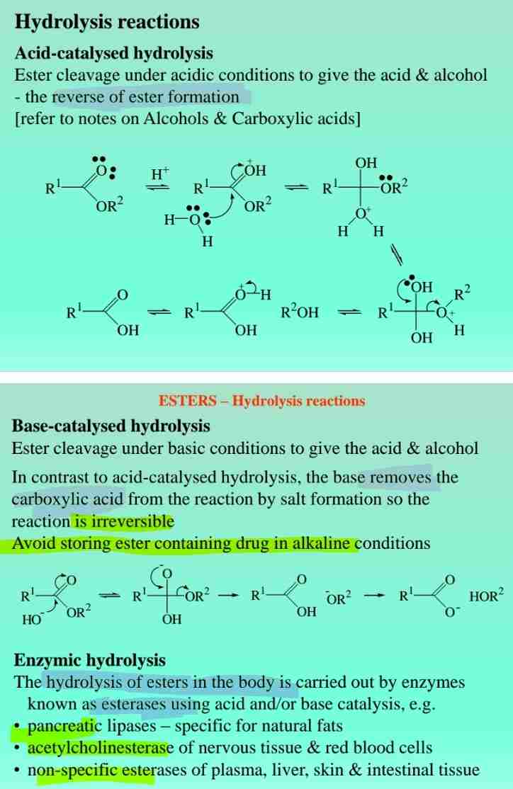 <p>- Acid hydrolysis: Produces alcohol and carboxylic acid.</p><p>- Base hydrolysis (saponification): Produces carboxylate salt.</p>