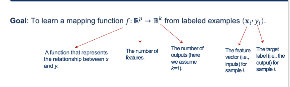 <p>To learn a mapping function f:R^p → R^k from labeled examples (xi,yi)</p><ul><li><p>You give the model examples → it learns a rule → it predicts outputs for new, unseen inputs.</p></li></ul><p></p>
