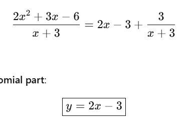 <p>none - it’s <strong>oblique</strong></p><ul><li><p>divide numerator by denominator, and take polynomial part (end behavior)&nbsp;</p></li></ul><p></p>