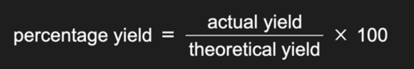 <p>In a lot of reactions, not all reactants react to form products which can be due to several factors:</p><p>- Other reactions take place simultaneously</p><p>- The reaction does not go to completion</p><p>- Products are lost during separation and purification</p><p>The percentage yield shows how much of a particular product you get from the reactants compared to the maximum theoretical amount that you can get</p><p>The actual yield is the number of moles or mass of product obtained experimentally</p><p>The theoretical yield is the number of moles or mass obtained by a reacting mass calculation</p>