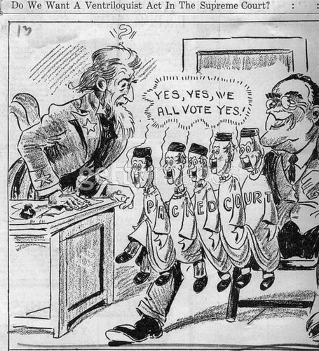 <p>attempt to add more Supreme Court Justices to push New Deal; was considered a threat to checks and balances</p>