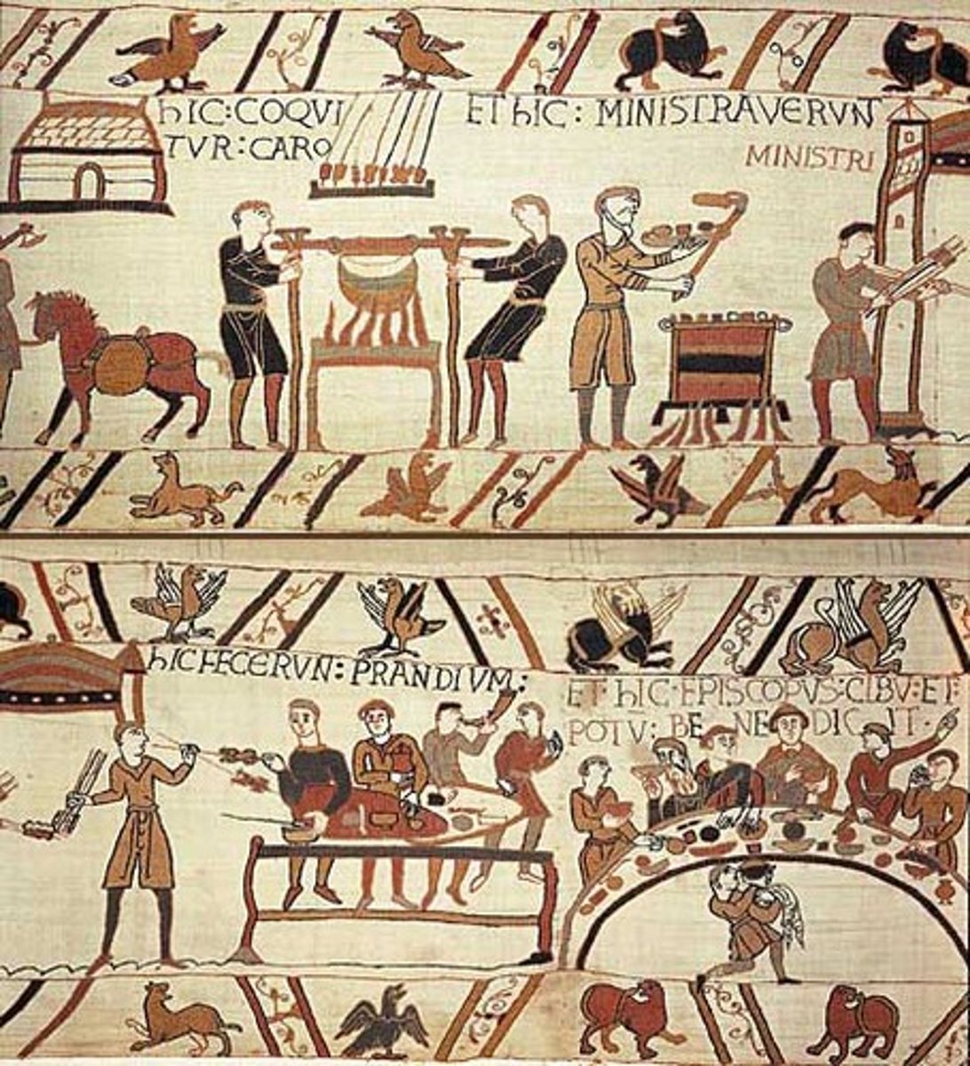 <p>Form:<br>-embroidery on linen<br>-Romanesque (English or Norman)<br>-2/3 of a football field in length<br>-continuous narrative<br>Content:<br>-a great epic<br>-2 main scenes<br>-story of William's conquest of England in the battle of Hastings<br>-Haley's Comet<br>Function:<br>-show Norman conquest<br>Context:<br>-Cantebury, NW France<br>-commissioned by Bishop Odo<br>-1066-80 CE (11th century)</p>