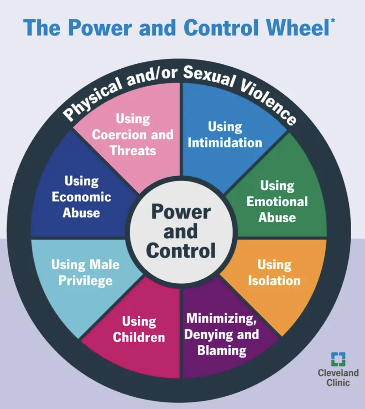 <p>Illustrates the use of intimidation, emotional abuse, isolation, minimizing/denying/blaming, using children, privilege, economic abuse, and coercion/threats.</p>