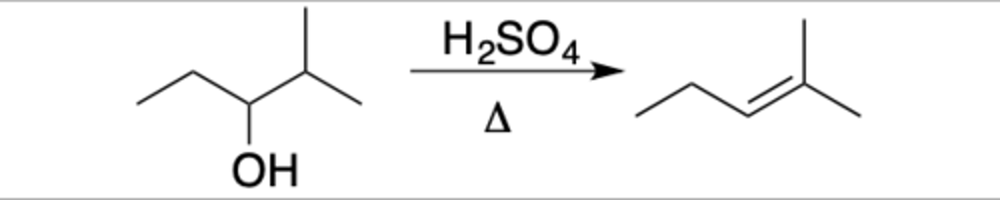<p>Intermediate: CC+</p><p>Regiochemistry: unlike HX reaction, rearrangement will happen for all alcohols</p><p>Stereoselectivity: none</p><p>Reagent(s): H2SO4 over delta (heat)</p><p>- OH protonated, leaves, alkene is formed to CC+</p><p>*KNOW MECHANISM*</p>