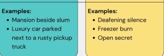 <p><mark data-color="#23fde6" style="background-color: #23fde6; color: inherit"><u>Juxtaposition</u></mark>= opposite <strong>ideas</strong> side-by-side</p><p><mark data-color="yellow" style="background-color: yellow; color: inherit"><u>Oxymoron</u></mark>= opposite <strong>words</strong> side-by-side</p>